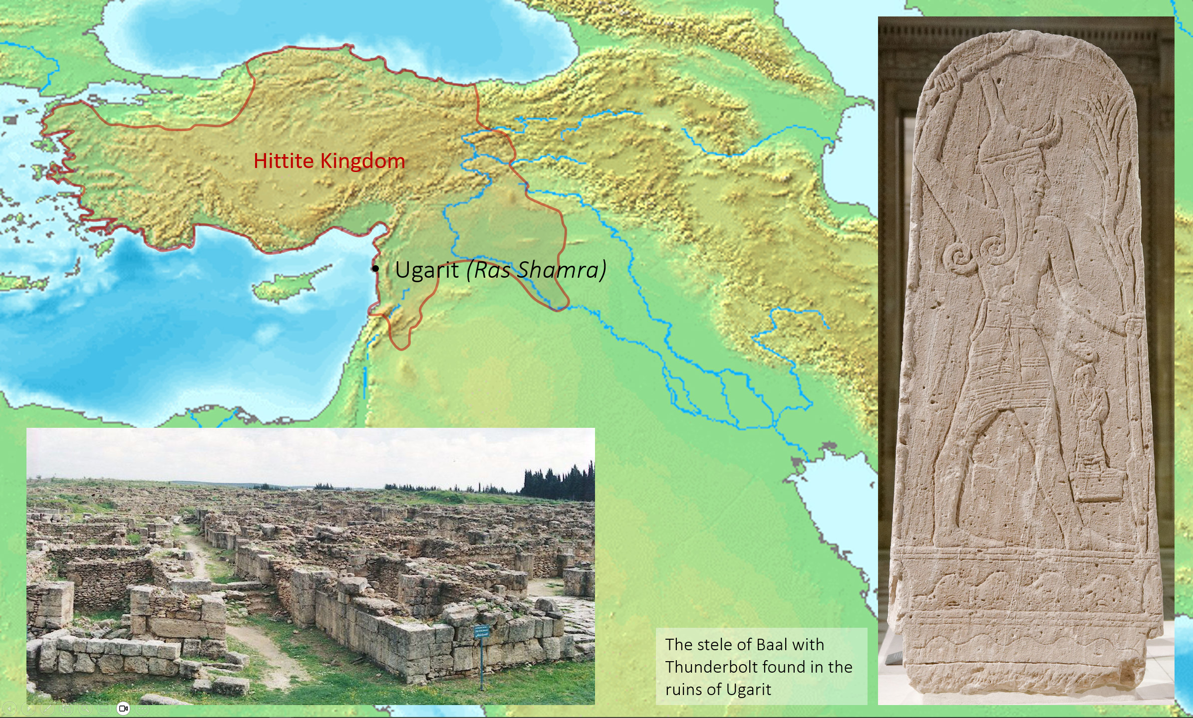 Location of Ugarit (Ras Shamra) on the northwest Mediterranean coast with insets showing excavations and the stele of Baal with thunderbolt