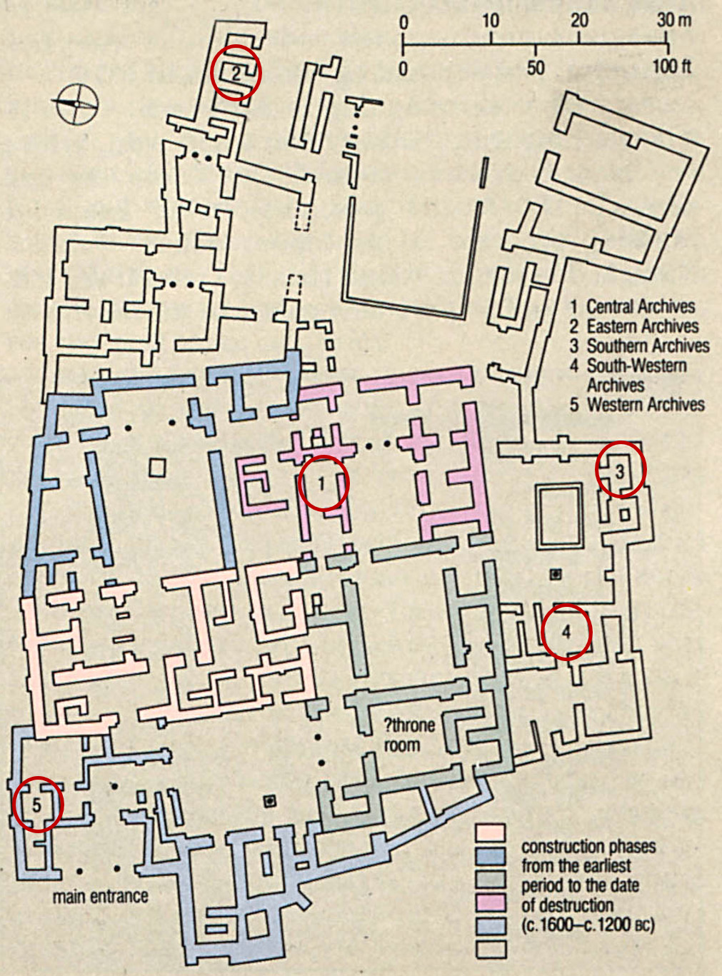 Plan of Ugarit's Royal Palace showing locations where text archives were discovered