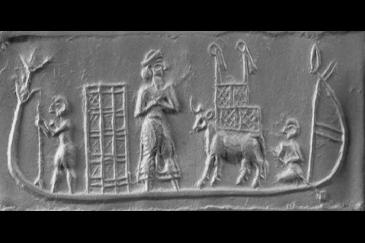 Uruk Flood Cylinder: seal impression recovered from Uruk (biblical Erech). The seal depicts an Akkadian king in a boat with crates and animals, and Sumerian boatmen. The flood legend of Ziusudra mentions Puzur-Amurri, the boatman.