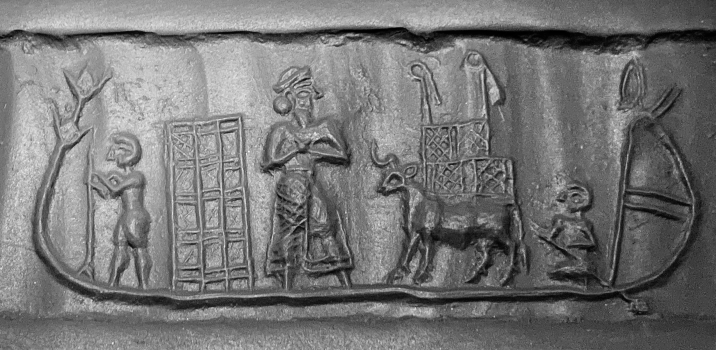 Uruk Flood Cylinder: seal impression recovered from Uruk (biblical Erech). The seal depicts an Akkadian king in a boat with crates and animals, and Sumerian boatmen. The flood legend of Ziusudra mentions Puzur-Amurri, the boatman.